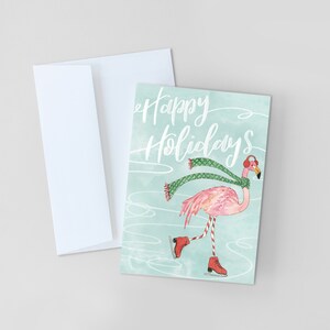 KERSTKAARTEN, schaatsende flamingo Happy Holidays-wenskaart, Merry Christmas-briefpapier, handgemaakte kerstkaarten, leuke kerstkaarten
