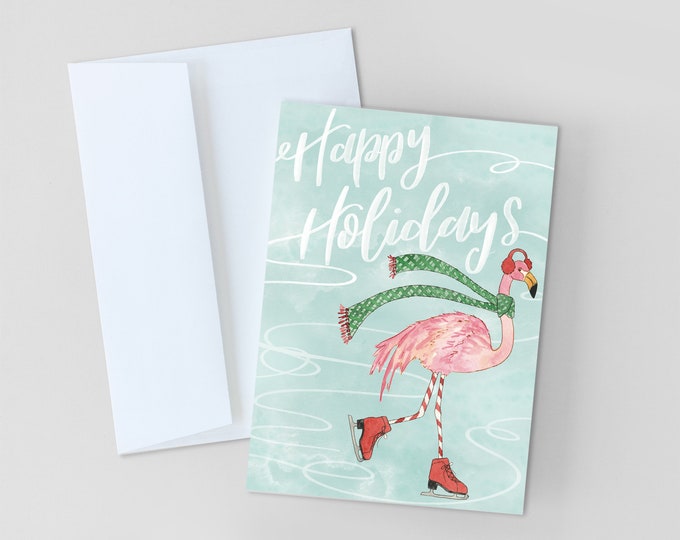 CHRISTMAS CARDS, Ice Skating Flamingo Happy Holidays Greeting Card, Merry Christmas Stationery, Handmade Christmas Cards, Fun Holiday Cards