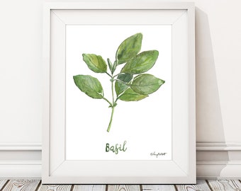 Watercolor Painting Basil Herb Print, Watercolor Wall Art Housewarming Gift Kitchen Decor Botanical Print, Herbs Kitchen Art, Gift for Her