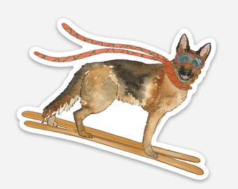 German Shepherd Sticker, Watercolor Skiing Dog Vinyl Sticker, Dog Lover Gift, 3x3 Die Cut Sticker, Sticker for Labtop and Water bottle