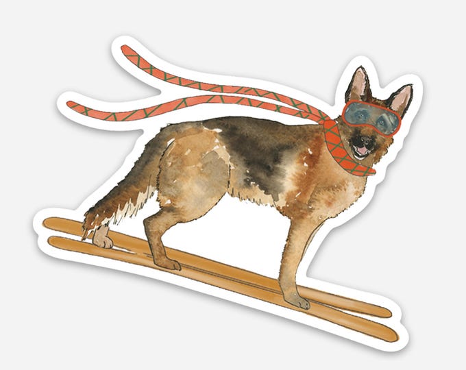 German Shepherd Sticker, Watercolor Skiing Dog Vinyl Sticker, Dog Lover Gift, 3x3 Die Cut Sticker, Sticker for Labtop and Water bottle