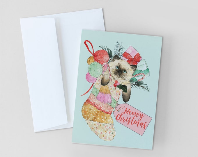 CHRISTMAS CARDS, Meowy Christmas Greeting Card, Merry Christmas, Holiday Cat Card, Christmas Stocking Cat Card, Watercolor Christmas Card