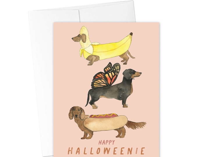 HALLOWEEN CARDS, Happy Halloweenie Card, Fall Greeting Card, Funny Dog Greeting Card, Halloween Dog Costume Card, Dachshund Card