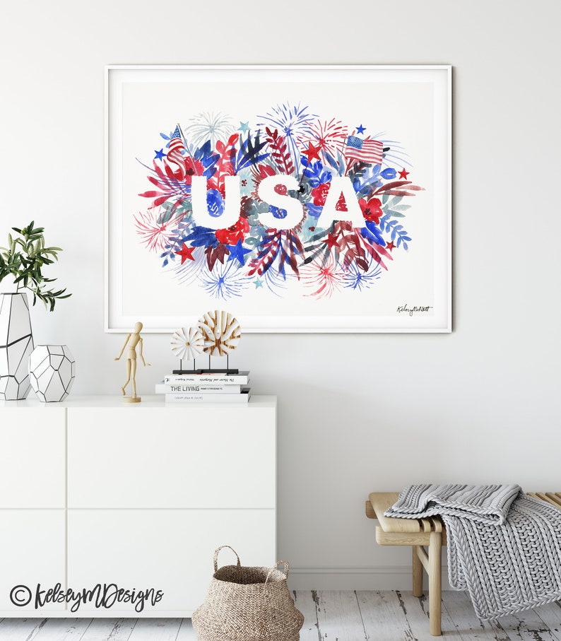 Patriotic Print Fireworks DIGITAL DOWNLOAD Fourth of July Decor Red White Blue 4th of July Print USA Printable Stars and Stripes Art