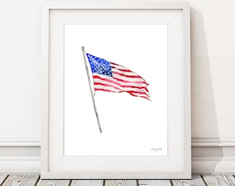 American Flag ArtPrint, 4th of July Wall Art, USA Print, Fourth of July Decor, Red White Blue, Stars and Stripes Art, USA Flag, Watercolor