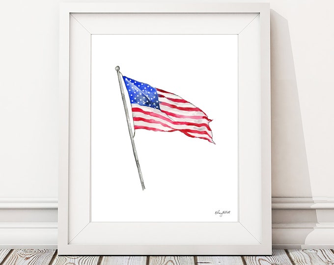 American Flag ArtPrint, 4th of July Wall Art, USA Print, Fourth of July Decor, Red White Blue, Stars and Stripes Art, USA Flag, Watercolor