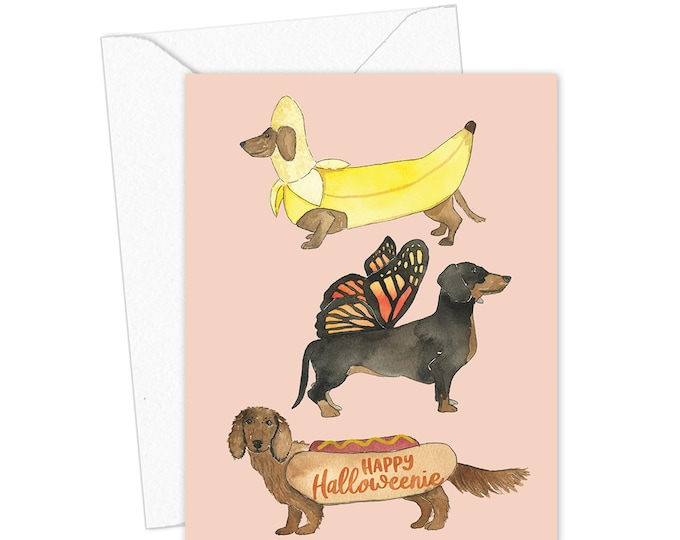 Happy Halloweenie Card, Fall Greeting Card, Funny Dog Greeting Card, Halloween Dog Costume Card, Dachshund Card, Halloween Card