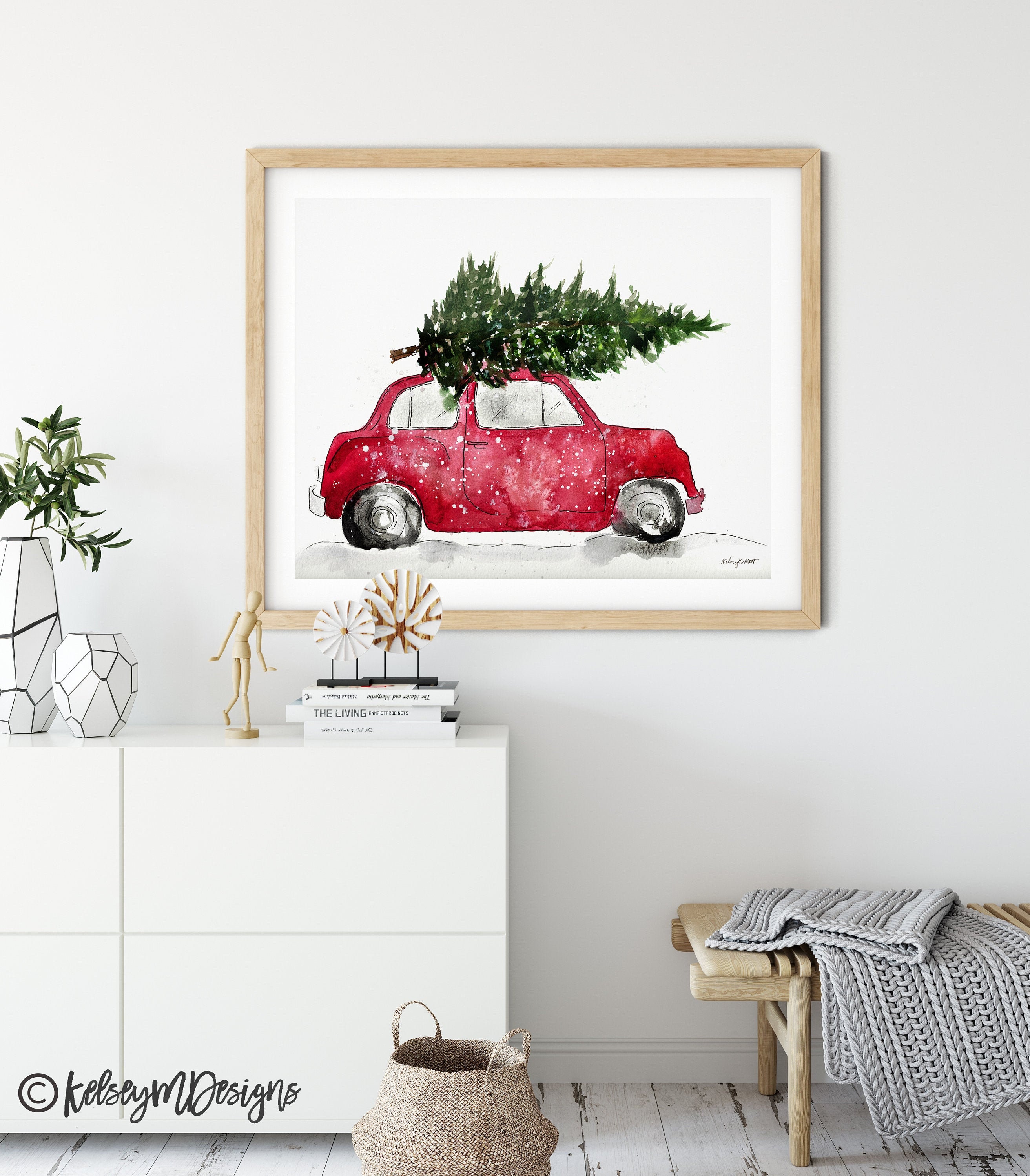 Rote Weihnachten Auto Kunst, Weihnachtsbaum auf Auto, Aquarell Malerei,  saisonale Wohnkultur, Urlaub Wandkunst, Weihnachten Wandkunst, Urlaub Kunst  - .de