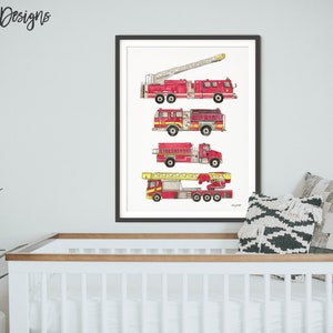 May include: A framed print depicting five red fire engines with yellow ladders, each with a unique design. The engines are arranged vertically on a white background.