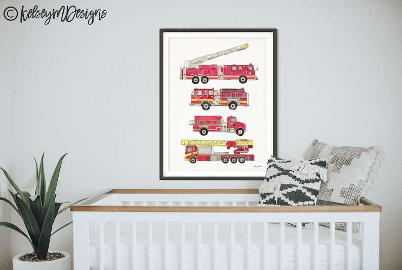 May include: A framed print depicting five red fire engines with yellow ladders, each with a unique design. The engines are arranged vertically on a white background.