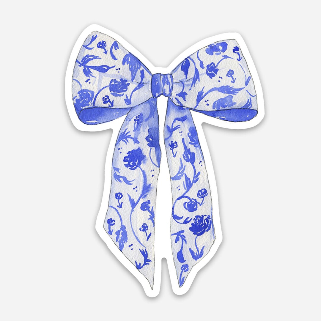 Blue Bow Sticker, Chinoiserie Bow Sticker, Vinyl Sticker, Coquette Bow ...