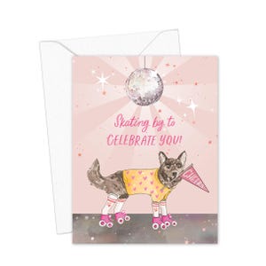 Carte de chien sur des patins à roulettes, patinage par pour vous célébrer, carte de voeux mignon chien aquarelle pour anniversaire, félicitations ou juste parce que