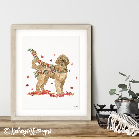 Fall Dog Wall Art, Goldendoodle Dog Art Print, Autumn Home Decor, Plaid Fall Wall Art, Halloween Art Print, Fall Decor, Goldendoodle Gift