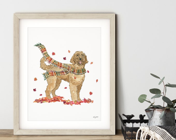 Fall Dog Wall Art, Goldendoodle Dog Art Print, Autumn Home Decor, Plaid Fall Wall Art, Halloween Art Print, Fall Decor, Goldendoodle Gift