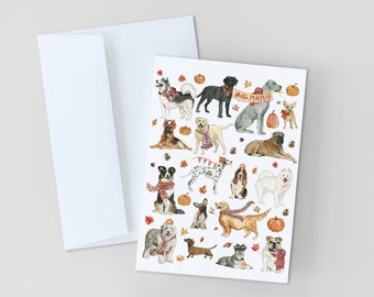 FALL CARDS, Hello Pumpkin Fall Dogs Card, Fall Greeting Card, Funny Dog Greeting Card, Autumn Greeting Card, Watercolor Fall Card