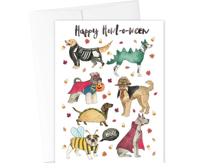 HALLOWEEN CARDS, Halloween Dog Card, Fall Greeting Card, Funny Dog Greeting Card, Trick or Treat Dog Card, Watercolor Halloween Card