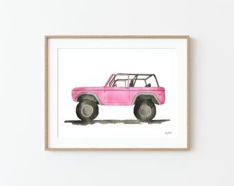 Pink SUV Wall Art, Vintage Car Decor, Toddler Girl Room Decor, Beach Truck Art, Watercolor Painting, Transportation Vehicle, Classic Car Art