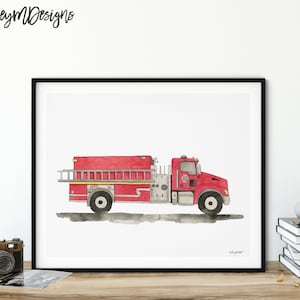 May include: A watercolor painting of a red fire truck with a ladder on the side. The truck is on a white background.