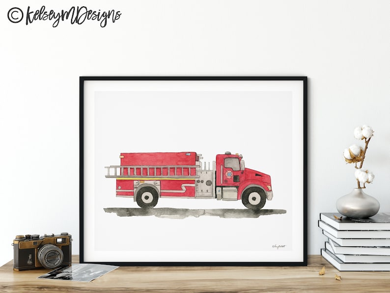 May include: A watercolor painting of a red fire truck with a ladder on the side. The truck is on a white background.