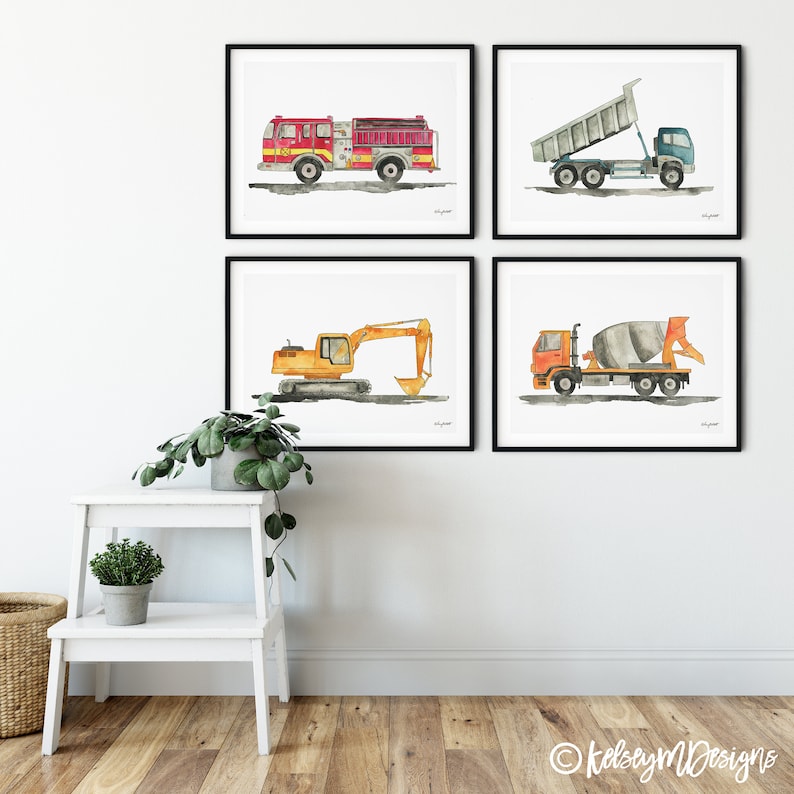 Set of 4 Construction Vehicle Wall Art, Kids Gallery Wall Set, Transportation Truck Art Print, Dump Truck, Fire Truck, Toddler Room Decor image 6