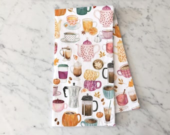 Fall Tea & Coffee Tea Towel, Autumn Kitchen Towel with Pumpkins, Teapots, French Press, Cozy Seasonal Drinks, Pumpkin Spice Coffee Towel