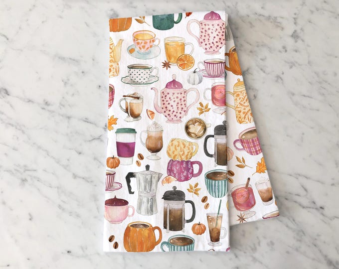 Fall Tea & Coffee Tea Towel, Autumn Kitchen Towel with Pumpkins, Teapots, French Press, Cozy Seasonal Drinks, Pumpkin Spice Coffee Towel