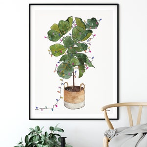 Holiday Lights Potted Fiddle Fig Plant, Watercolor Painting, House Plants Print, Christmas Prints, Christmas Lights, Holiday Gallery Wall