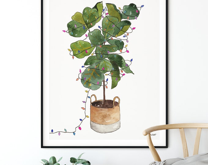 Holiday Lights Potted Fiddle Fig Plant, Watercolor Painting, House Plants Print, Christmas Prints, Christmas Lights, Holiday Gallery Wall