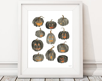 Halloween Black Pumpkin Wall Art, Watercolor Painting, Pumpkin Art Print, Fall Wall Art, Halloween Decor, Watercolor Pumpkin Wall Decor