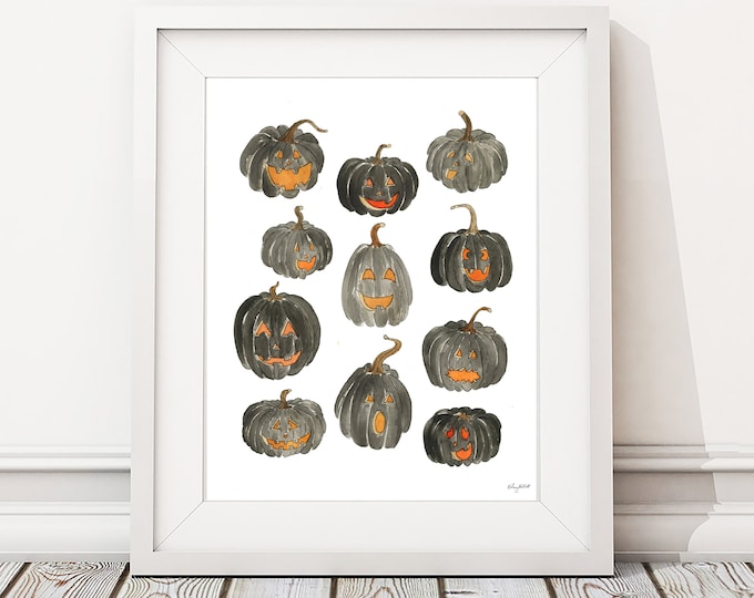 Halloween Black Pumpkin Wall Art, Watercolor Painting, Pumpkin Art Print, Fall Wall Art, Halloween Decor, Watercolor Pumpkin Wall Decor