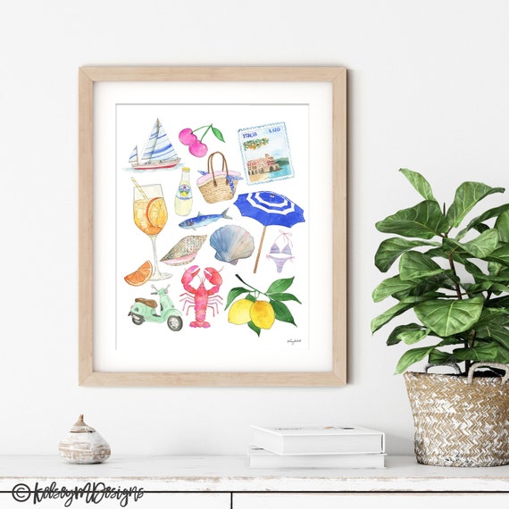 Amalfi Coast Summer Wall Art, Italy Watercolor Painting, Italy Home Decor, Travel Art Print, Italian Girl Summer, Coastal Watercolor Art