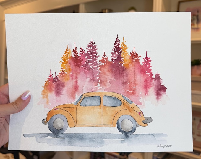 Original Vintage Yellow Car Watercolor, Autumn Fall Foliage Painting, Retro Car Art, Nostalgic Road Trip Artwork, 9x12