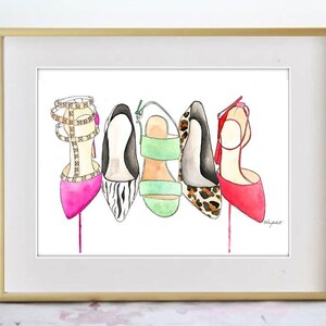 May include: A watercolor painting of five different high-heeled shoes. The shoes are in various colors and patterns, including pink, black and white zebra print, green, leopard print, and red. The shoes are all painted in a realistic style.