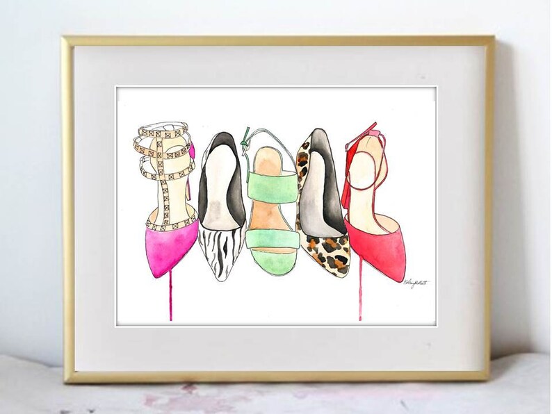 May include: A watercolor painting of five different high-heeled shoes. The shoes are in various colors and patterns, including pink, black and white zebra print, green, leopard print, and red. The shoes are all painted in a realistic style.