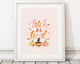 Pink Trick or Treat Wall Art, Halloween Pumpkin Art Print, Watercolor Painting, Fall Wall Art, Halloween Decor, Pumpkin Wall Decor