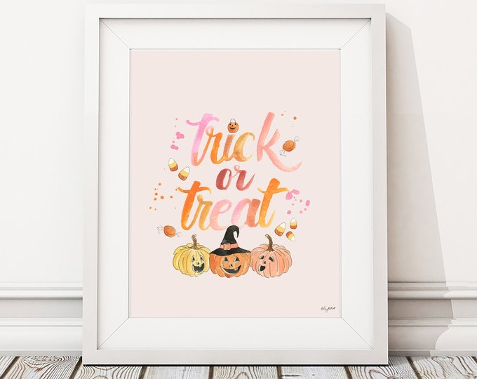 Pink Trick or Treat Wall Art, Halloween Pumpkin Art Print, Watercolor Painting, Fall Wall Art, Halloween Decor, Pumpkin Wall Decor