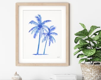 Blue Palm Trees Wall Art, Watercolor painting, Beach House Decor, Nature Print, Coastal Art Print