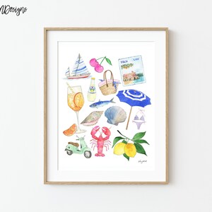 May include: A watercolour illustration of various Italian-themed items, including a sailboat, a glass of orange juice, a lobster, a scooter, lemons, a beach umbrella, a seashell, a basket, and a postcard that says "Italia, Lago".