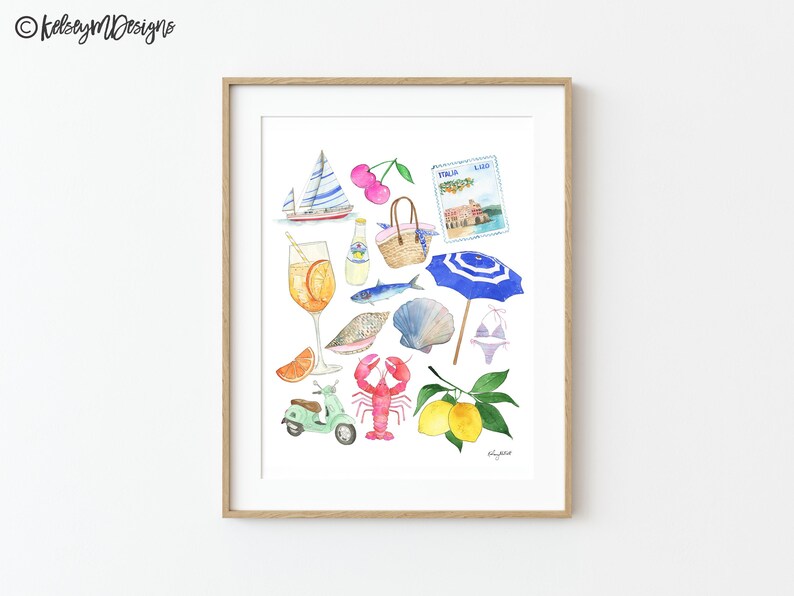 May include: A watercolour illustration of various Italian-themed items, including a sailboat, a glass of orange juice, a lobster, a scooter, lemons, a beach umbrella, a seashell, a basket, and a postcard that says "Italia, Lago".