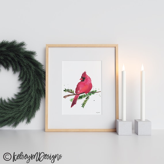 Christmas Cardinal Wall Art, Cardinal Decor, Red Bird Art Print, Watercolor Painting, Holiday Decor, Holiday Art, Christmas Sign