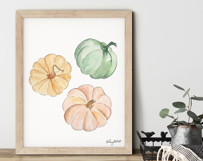Pastel Pumpkins Art Print, Watercolor Painting, Colorful Pumpkins, Fall Wall Art, Autumn Decor, Watercolor Pumpkins, Pumpkin Wall Decor