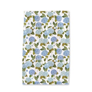 May include: A white background with a repeating pattern of blue hydrangea flowers and green leaves.