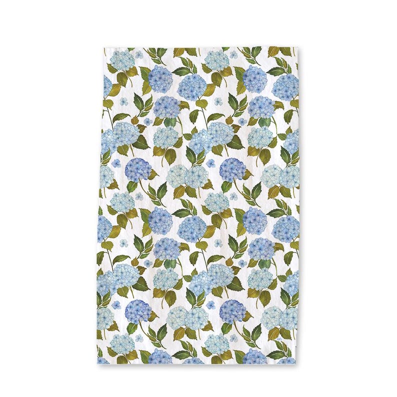 May include: A white background with a repeating pattern of blue hydrangea flowers and green leaves.