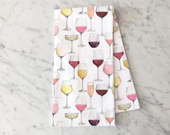 Wine & Champagne Glasses Tea Towel, Kitchen Towel for Entertaining, Bar Cart Decor, Hostess Gift, Wine lovers gift