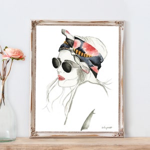Boho Girl Fashion Wall Art, Fashion Illustration, Watercolor Painting, Bohemian Decor, Summer Bandana, Tropical Floral Art, Boho Wall Decor