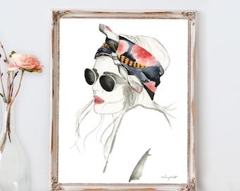 Boho Girl Fashion Wall Art, Fashion Illustration, Watercolor Painting, Bohemian Decor, Summer Bandana, Tropical Floral Art, Boho Wall Decor