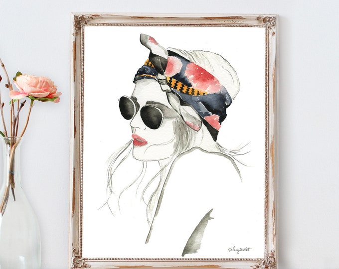 Boho Girl Fashion Wall Art, Fashion Illustration, Watercolor Painting, Bohemian Decor, Summer Bandana, Tropical Floral Art, Boho Wall Decor