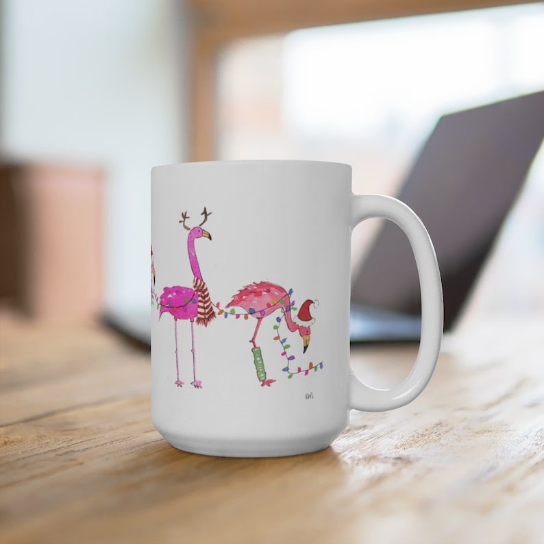 Tasse à flamant rose des Fêtes, Tasse à café de Noël, Décor de Noël, Tasse de 15 oz, Tasse à café flamant rose, Cuisine de Vacances, Flamant rose Noël image 4