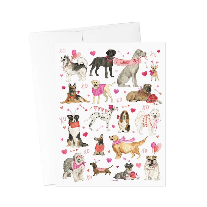 May include: A Valentine's Day card featuring a colorful illustration of various dog breeds wearing pink accessories and holding hearts. The card has the text "I woof you" on a banner.