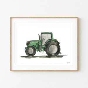 May include: A watercolor painting of a green tractor on a white background. The tractor has a black seat and black wheels.